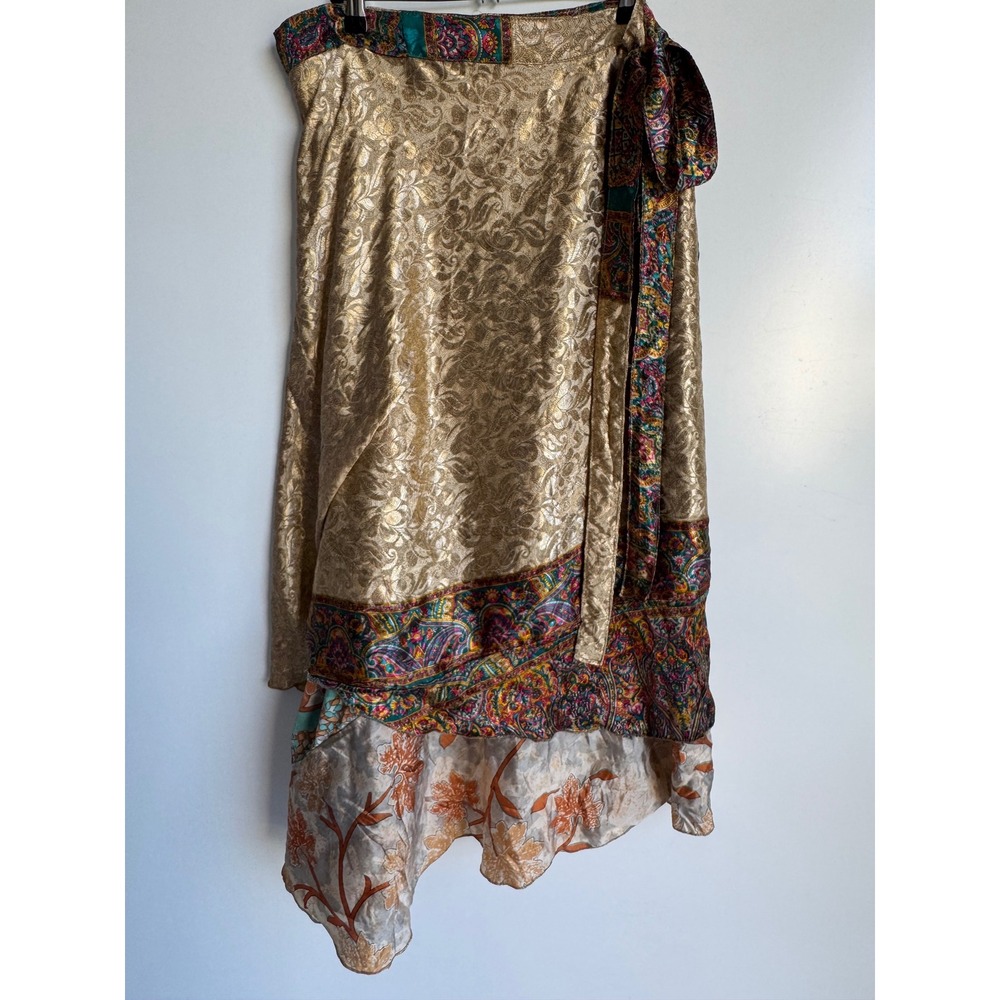 Earthbound Trading Upcycled Sari Wrap Skirt Gold Paisley Boho Festival One Size